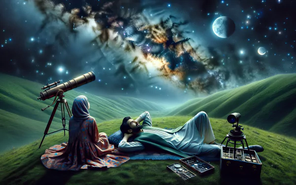 HD desktop wallpaper featuring two people stargazing on a lush green hill with a telescope, under a vibrant night sky with stars and a moon.