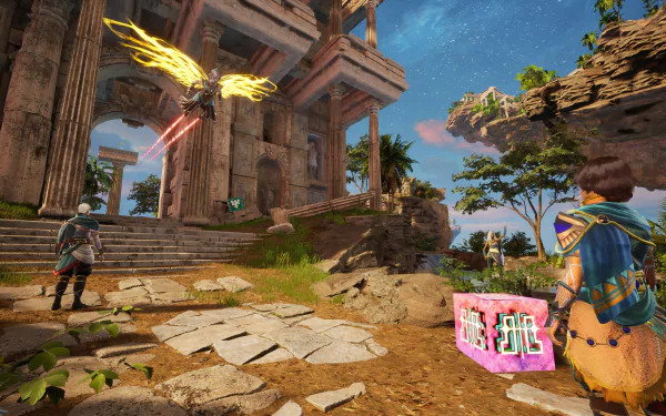 HD wallpaper of Islands of Insight video game featuring a mystical creature flying near an ancient temple with two characters.