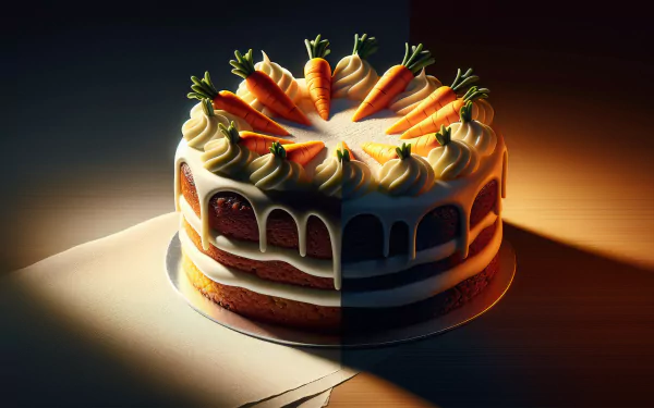 A beautifully decorated carrot cake, topped with cream and miniature carrots, illuminated dramatically, serves as an enticing high-definition desktop wallpaper.