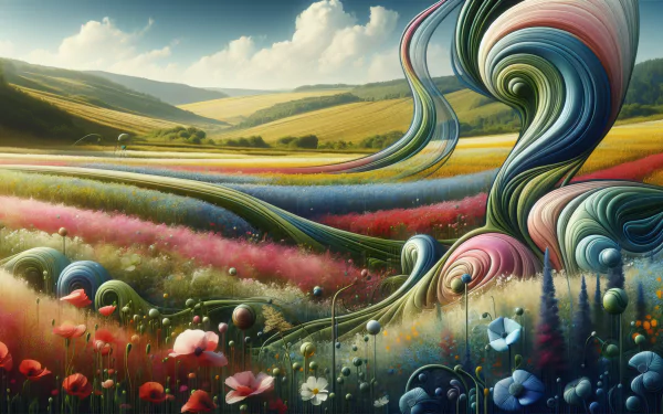 A vibrant field of flowers bursts with color, featuring swirling patterns against a backdrop of rolling hills and a bright sky, creating a stunning HD desktop wallpaper.