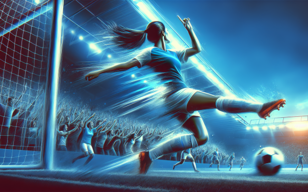 High-definition desktop wallpaper featuring an animated female soccer player scoring a goal in a dynamic and colorful stadium setting.