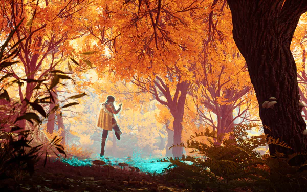 HD desktop wallpaper featuring a vibrant autumn forest scene from Banishers: Ghosts of New Eden video game, with a mystical figure illuminated by a glowing light.
