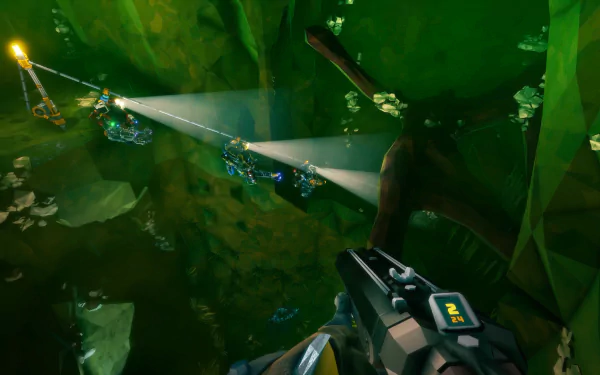 HD Desktop wallpaper featuring a first-person view from the game Deep Rock Galactic: Survivor with a focus on an in-game weapon and illuminated cave environment.