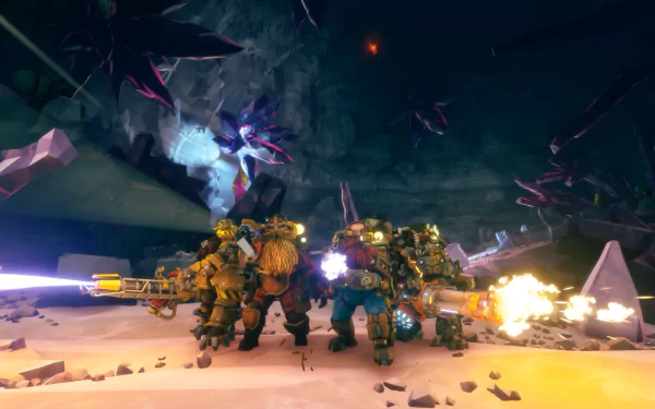 HD Deep Rock Galactic: Survivor wallpaper featuring a team of dwarven miners in armored suits exploring a luminous cave with crystals and firing weapons.