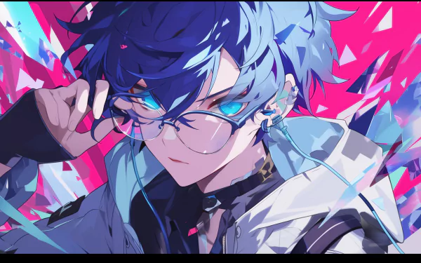 Cool anime boy with blue hair and glasses HD desktop wallpaper.