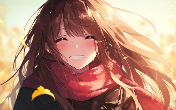 Smiling anime girl with flowing hair and red scarf, HD desktop wallpaper and background with a warm, sunny ambiance.