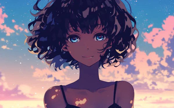 HD desktop wallpaper featuring a black anime girl with curly hair and striking blue eyes against a vibrant sky backdrop. A visually captivating anime-themed background.