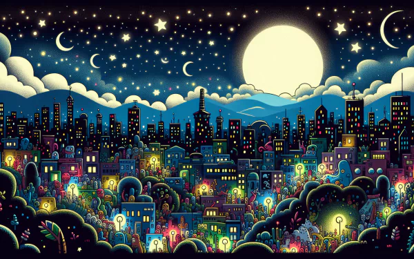 Colorful illustrated night view cityscape HD desktop wallpaper with full moon and stars