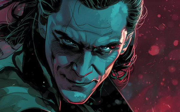 HD desktop wallpaper featuring an artistic illustration of Loki from Marvel Comics with a mischievous grin against a red and blue background.