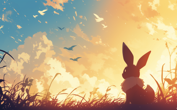 HD wallpaper of Eevee silhouette from Pokémon set against a vibrant sunset sky with flying birds, perfect for desktop background.