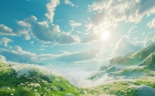 A serene sunny landscape featuring lush green hills and a bright sky filled with fluffy clouds, creating a peaceful and vibrant HD desktop wallpaper.