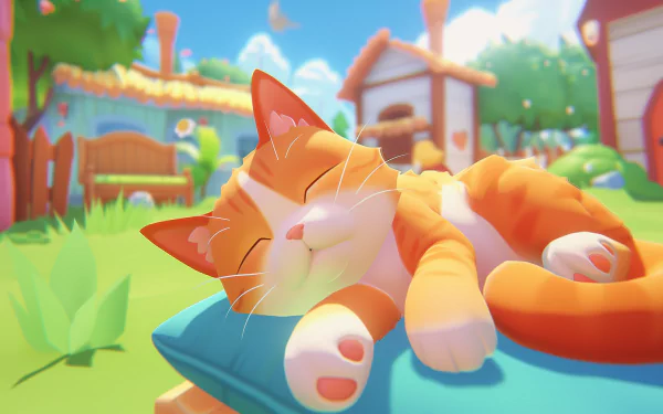 A charming orange cat peacefully sleeping on a cushion in a vibrant garden, surrounded by whimsical houses and greenery, creating a serene and cozy atmosphere.