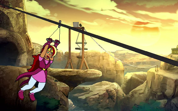 Animated character from Arzette: The Jewel of Faramore video game sliding down a zip line in a desert canyon setting, HD wallpaper.