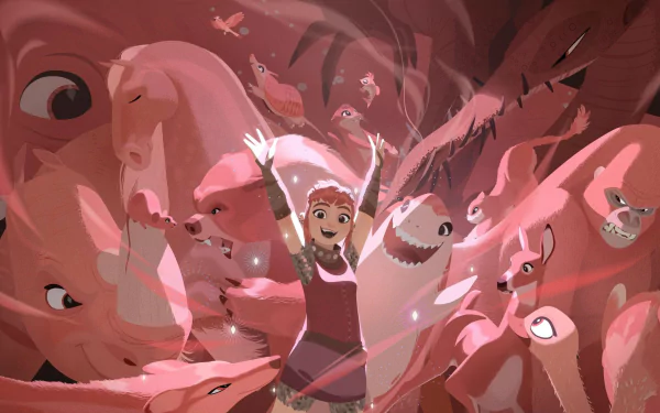 Nimona movie HD desktop wallpaper featuring animated character surrounded by whimsical creatures.