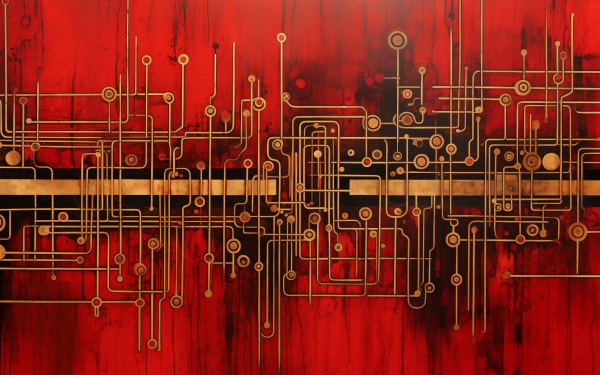Abstract circuit board design on a red background HD desktop wallpaper.