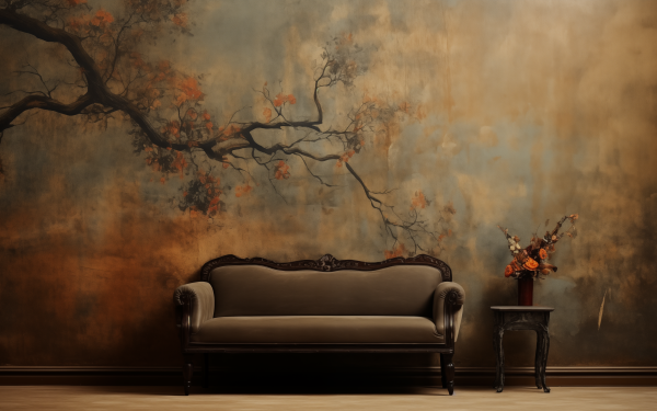 Elegant HD wallpaper featuring a vintage couch in a room with artistic tree mural and decorative vase on a side table.
