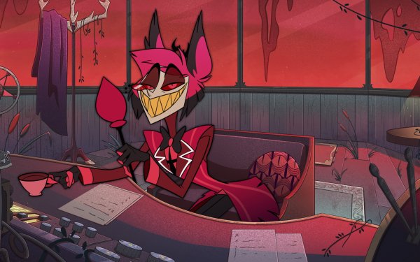 HD wallpaper featuring the character Alastor from the TV show Hazbin Hotel, depicted with a sly grin in a moody, red-toned office setting.