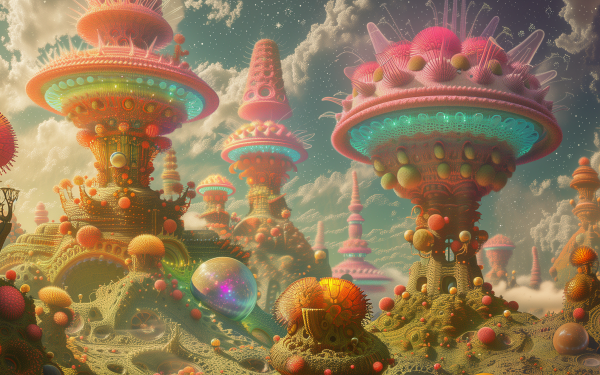 Psychedelic HD desktop wallpaper featuring a trippy, colorful landscape with surreal mushroom-like structures under a dreamy sky.