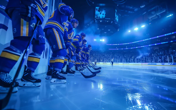 St. Louis Blues hockey players lined up on the ice rink, illuminated under blue lights - HD desktop wallpaper and background.