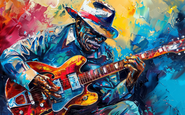 Colorful HD desktop wallpaper featuring vibrant blues music artwork with a guitarist playing a red electric guitar.