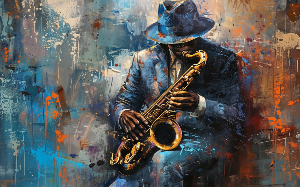 HD wallpaper of an artistic depiction of a blues musician playing a saxophone with a colorful abstract background.
