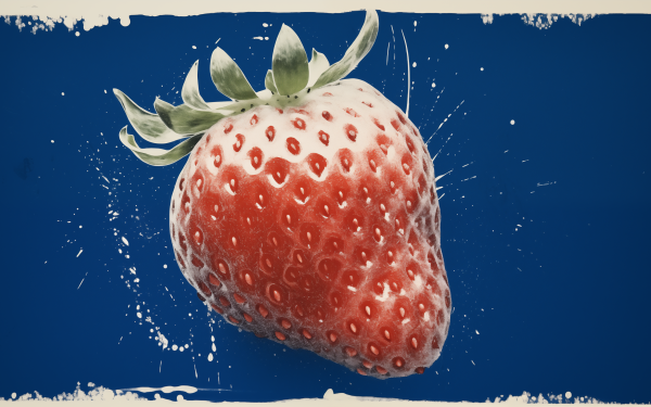 HD wallpaper of a fresh strawberry on a blue background, perfect for a fruity desktop theme.