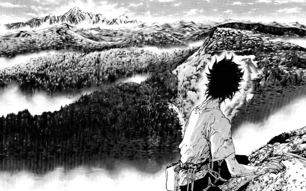 A striking HD desktop wallpaper from the manga The Climber, featuring a figure gazing over a vast mountainous landscape, capturing the essence of adventure and exploration.