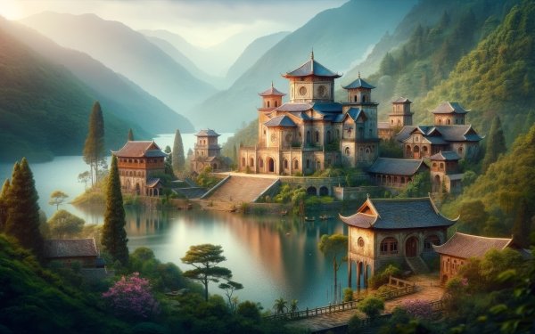 HD wallpaper of a serene palace landscape with mountains and lake for desktop background.