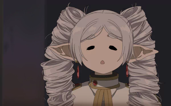 Anime HD PC wallpaper featuring Frieren from Frieren: Beyond Journey's End with her distinct pale hair styled in large twin curls and pointed elf-like ears.