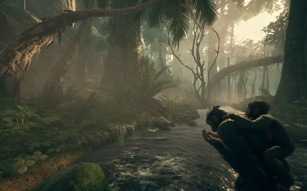 HD wallpaper of Ancestors: The Humankind Odyssey video game featuring two hominids in a lush forest environment, reflecting the immersive prehistoric world of the game.
