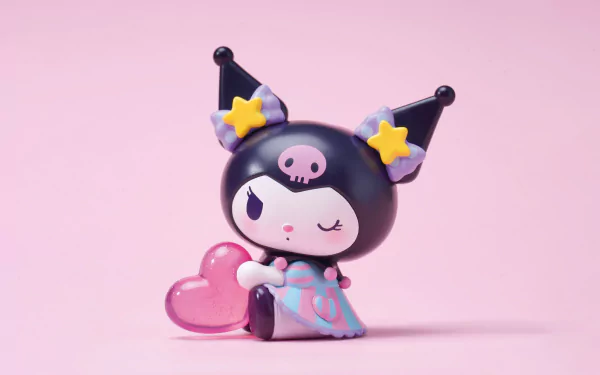 A cute HD wallpaper featuring Kuromi from Onegai My Melody, styled in kawaii aesthetics, holding a pink heart against a soft pink background.
