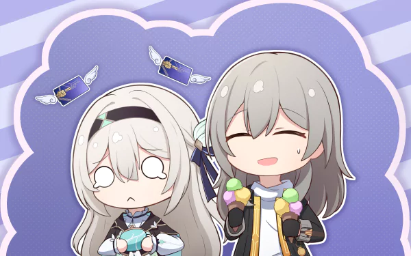 Chibi-style Firefly and Stelle from Honkai: Star Rail with light purple background, designed as a 4K Ultra HD PC desktop wallpaper.