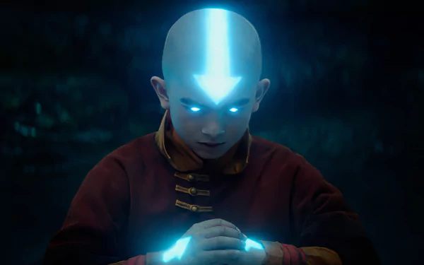HD Wallpaper of Avatar Aang from Avatar: The Last Airbender TV show, showcasing Aang in a meditative pose with glowing eyes and tattoos.