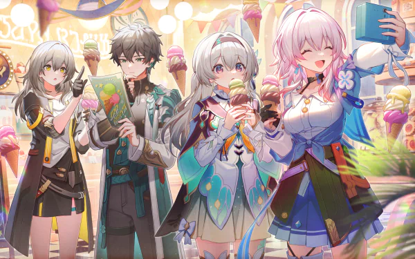 HD PC desktop wallpaper featuring Firefly, Stelle, Dan Heng, and March 7th from Honkai: Star Rail enjoying a lively festival scene.