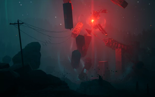 A captivating HD wallpaper from the video game Pacific Drive, featuring an eerie, atmospheric scene illuminated by a red light amidst dark silhouettes and scattered debris.