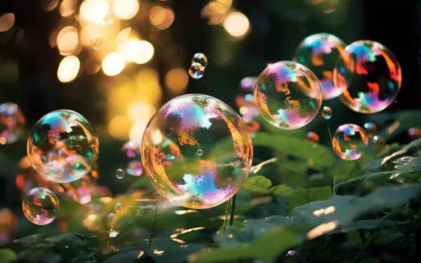 HD desktop wallpaper featuring iridescent bubbles floating over green foliage with golden bokeh light in the background.