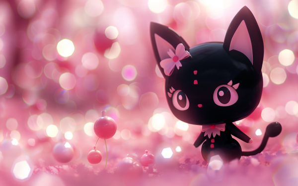 HD desktop wallpaper of Kuromi, the cat-like character from Onegai My Melody, against a sparkling pink bokeh background.