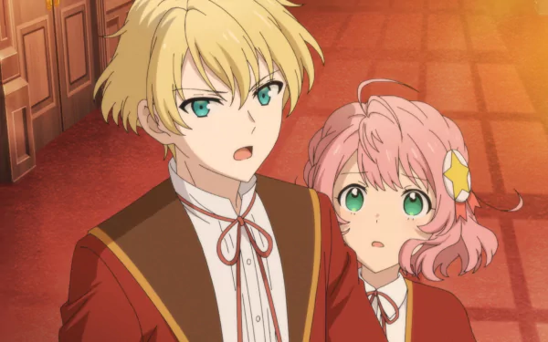 A vibrant HD wallpaper featuring characters from Villainess Level 99, showcasing a blonde-haired boy with striking green eyes and a surprised pink-haired girl in a richly colored setting.