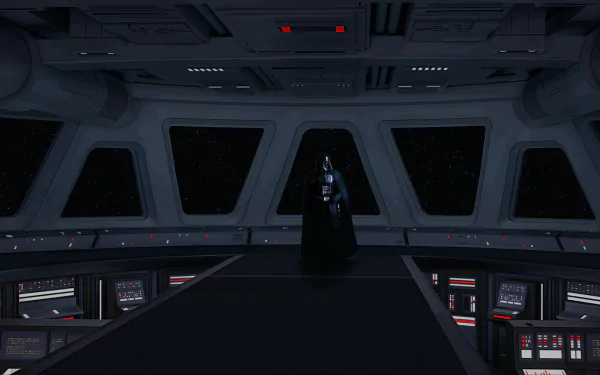 High-definition wallpaper from Star Wars: Dark Forces Remaster featuring a character standing in a spaceship corridor with starry space visible through the windows.
