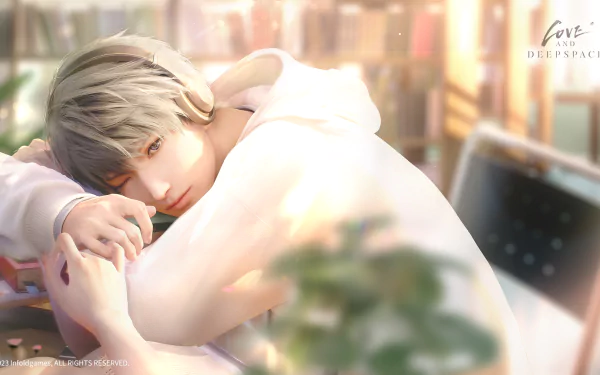 HD wallpaper featuring a contemplative character from the video game Love and Deepspace set in a soft-lit background.