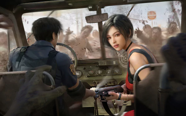Alt Text: HD wallpaper featuring Ada Wong and a companion in a vehicle from Resident Evil 2 (2019) video game, surrounded by zombies in the background.