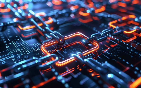 HD wallpaper featuring an abstract representation of blockchain technology with glowing chains and circuit board details for a tech-savvy background.