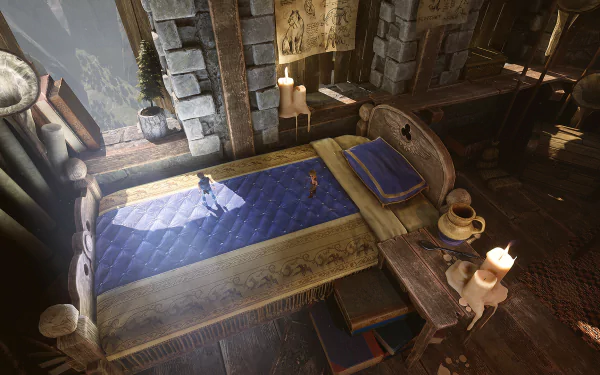 An HD wallpaper from the remake of Brothers: A Tale of Two Sons, showcasing a beautifully detailed bedroom with two characters standing on a richly textured blue bed.