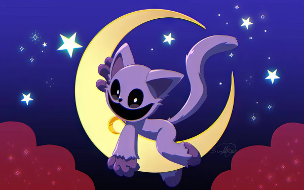 HD desktop wallpaper featuring CatNap character from Poppy Playtime game, playfully perched on crescent moon against a starry night sky.