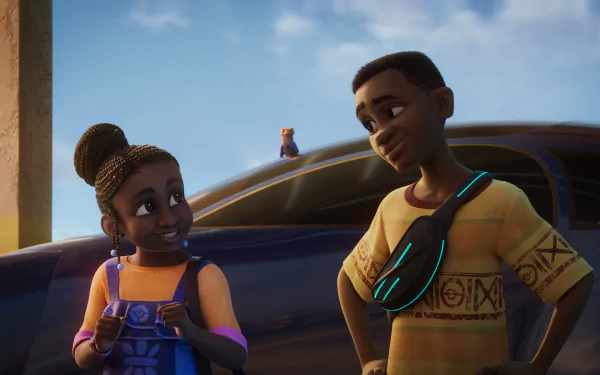 HD wallpaper featuring animated characters from the TV show Iwájú, with a smiling girl and boy standing in front of a futuristic car under a sunny sky.