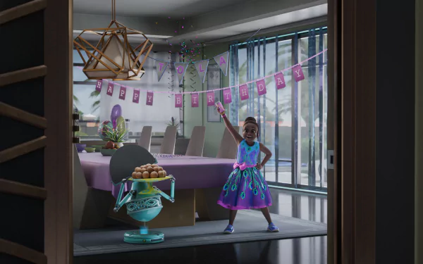 HD desktop wallpaper featuring a scene from the TV show Iwájú with a young animated character celebrating in a festive room.