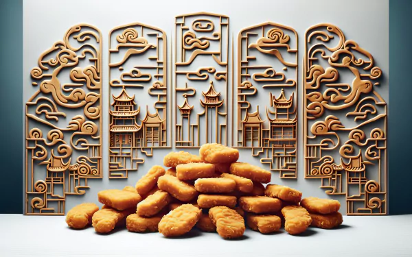 HD desktop wallpaper featuring a pile of crispy chicken nuggets against an ornate, Asian-inspired backdrop