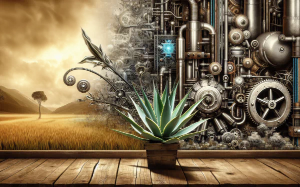 HD desktop wallpaper featuring a vibrant agave plant in the foreground with a whimsical steampunk backdrop and a pastoral scene at sunset.