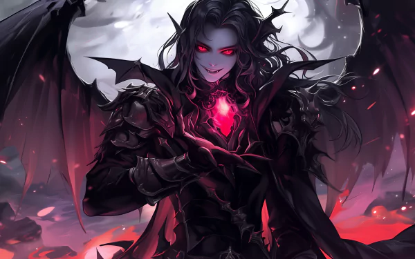 Fantasy AI art HD desktop wallpaper featuring a sinister vampire with glowing eyes and a mystical orb, set against a dark, atmospheric backdrop.