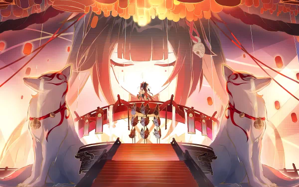 A vibrant HD wallpaper featuring Sparkle from Honkai: Star Rail, showcasing an ethereal setting with a character standing on a bridge, flanked by guardian dogs and a striking background.